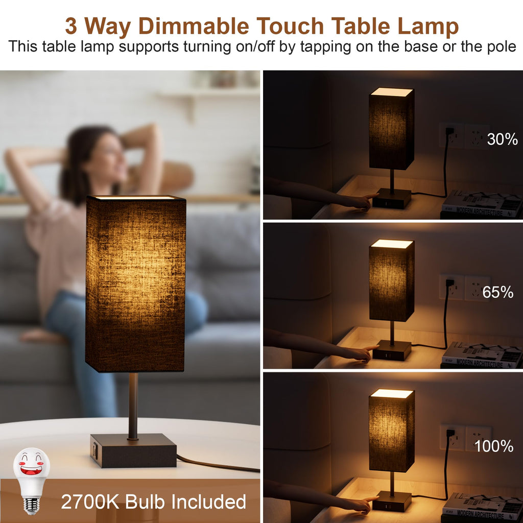 Touch Bedside Table Lamp, 14-Inch, Black, Set of 2