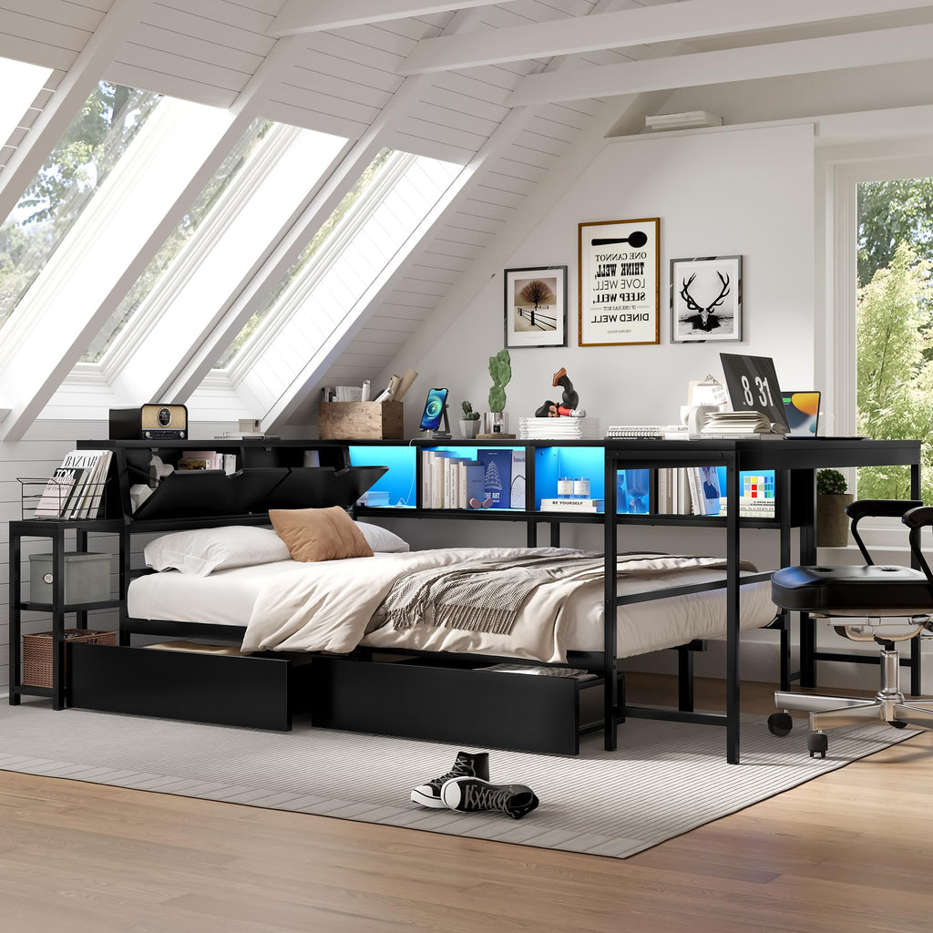 Corner Bed Frame with Storage Bookcase and Led Lights, Twin Size Metal Platform Bed Frame with Storage Drawers and