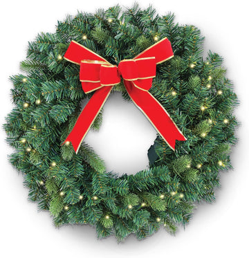 Battery Operated Wreath for Front Door. Pre-Lit Evergreen Xmas Lighted Holiday Christmas Outdoor Timer, 24", Red