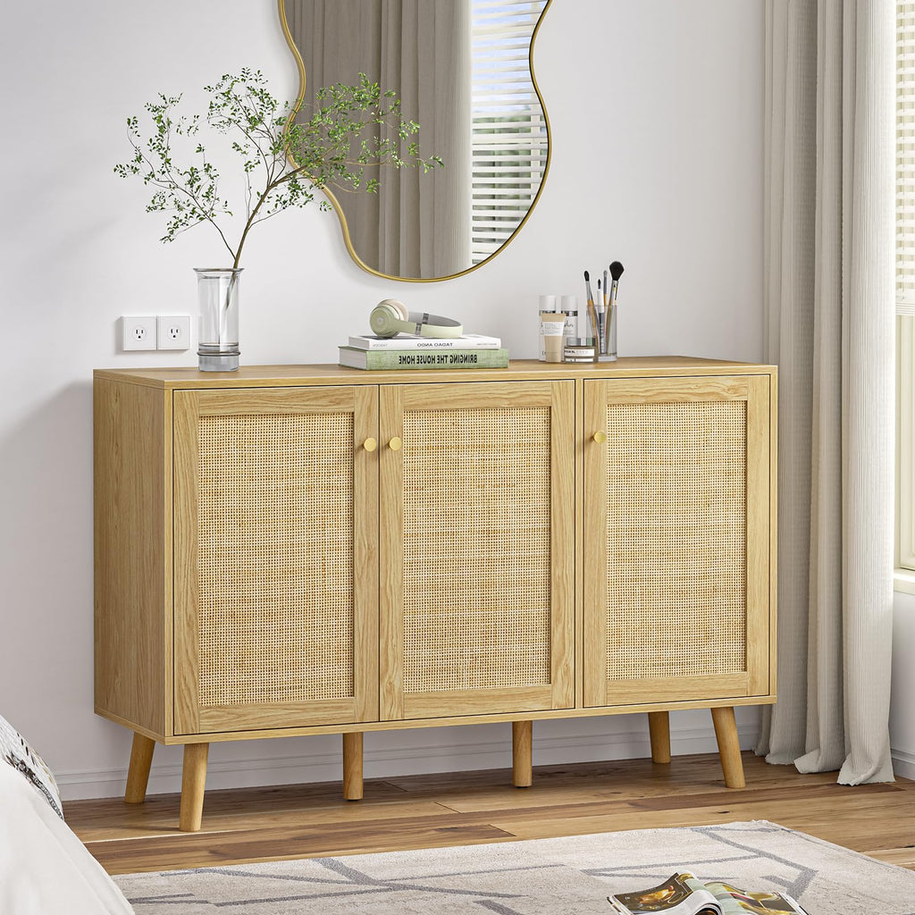 Sideboard Cabinet with Natural Rattan Doors, Hallway Buffet Cabinet Entryway Accent, Storage Cabinet