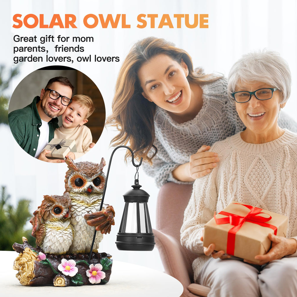 Garden Owls Statue with Solar LED Lantern, Wisdom Statue Gift for dad Yard Art, Whimsical Figurine Sculpture Lighted