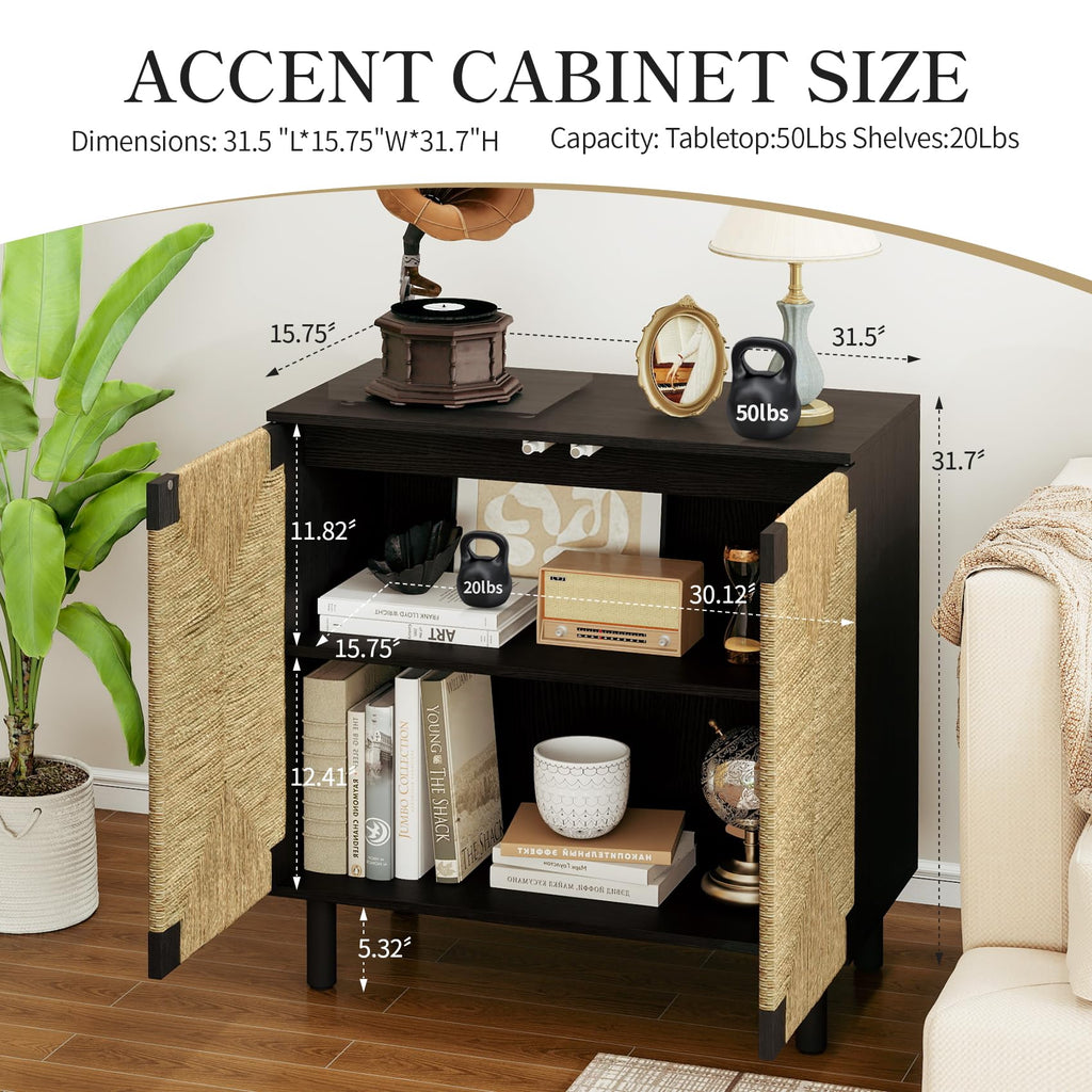 Sideboard Buffet Cabinet with Storage, Boho Accent Cabinet with Seagrass Doors & Adjustable Shelf, Mid-Century Modern
