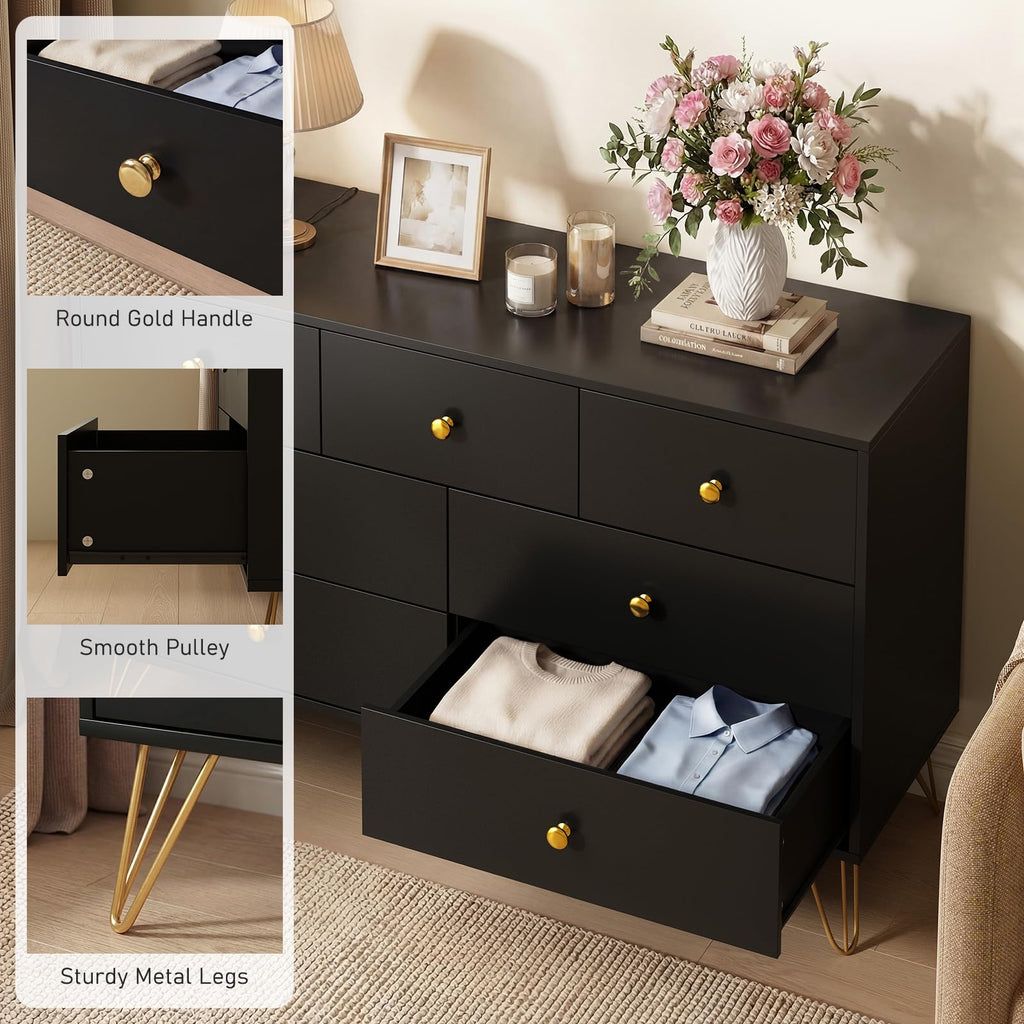 Black Dresser, Modern 7 Drawer Dresser with Gold Handles and Metal Legs, Black and Gold Dressers & Chest of Drawers