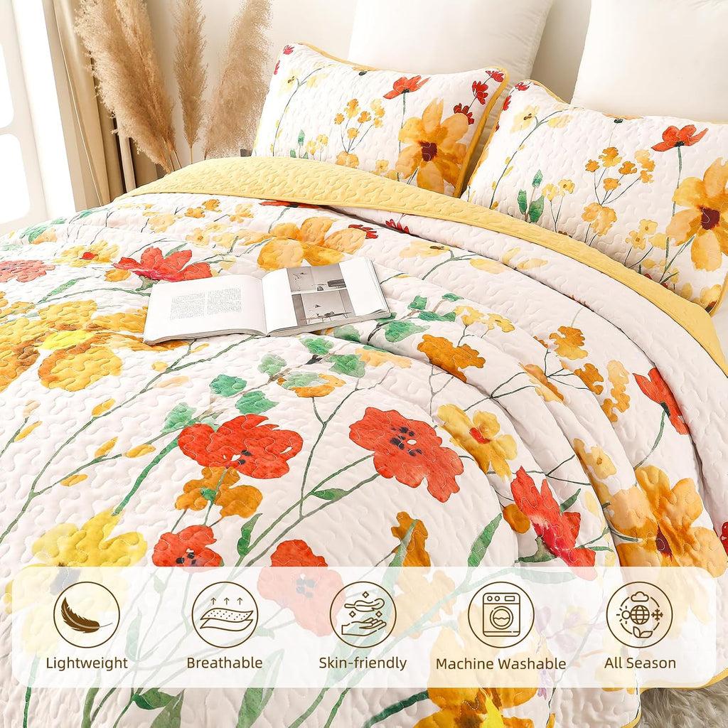 Quilt Set Queen, Yellow Floral Reversible Bedspread Soft Microfiber Lightweight Queen Quilt Bedding Sets Reversible