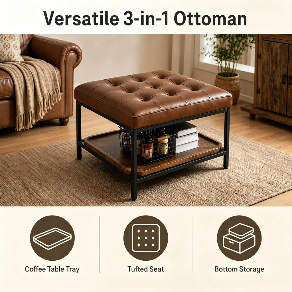 Square Ottoman Coffee Table with Storage Bench, Brown Faux Leather