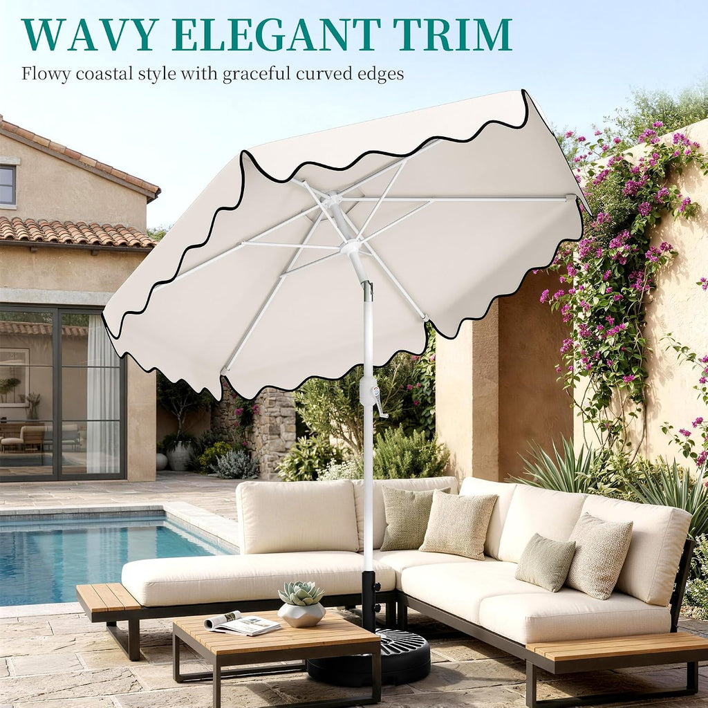 Patio Umbrella with Wavy Trim, UV-Fade-Resistant Canopy, Crank & Tilt - White 7.5ft