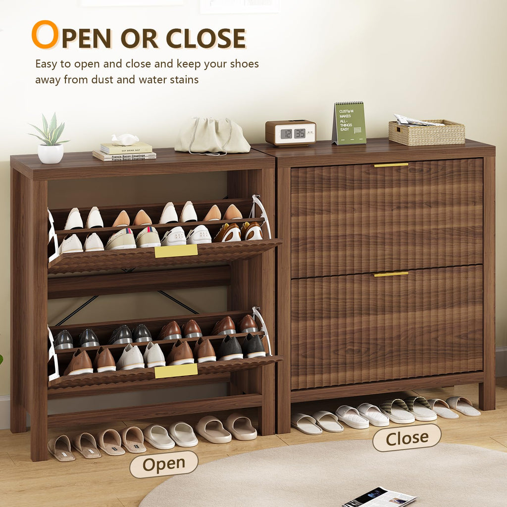 Fluted Shoe Cabinet Storage with 2 Flip Drawers