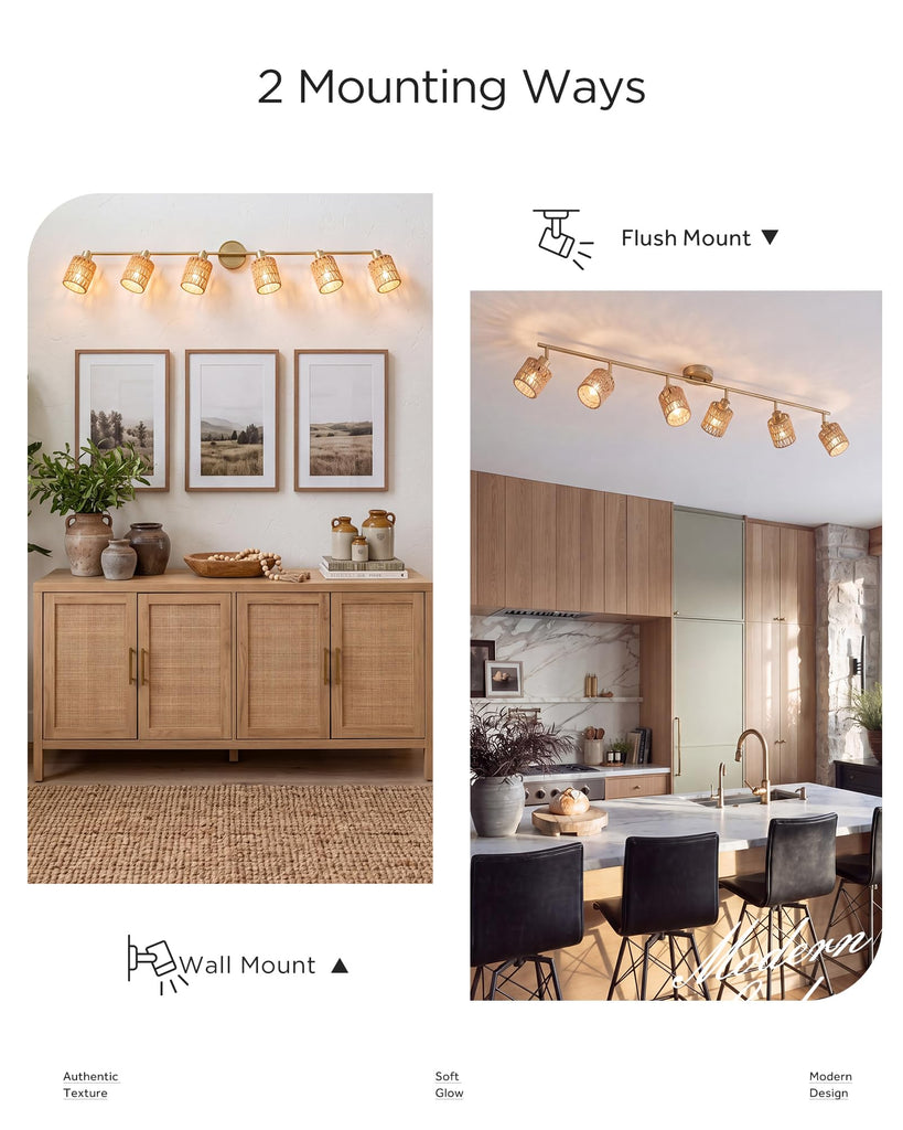 44.9" Kitchen Track Lighting, 6-Light Rattan Track Light