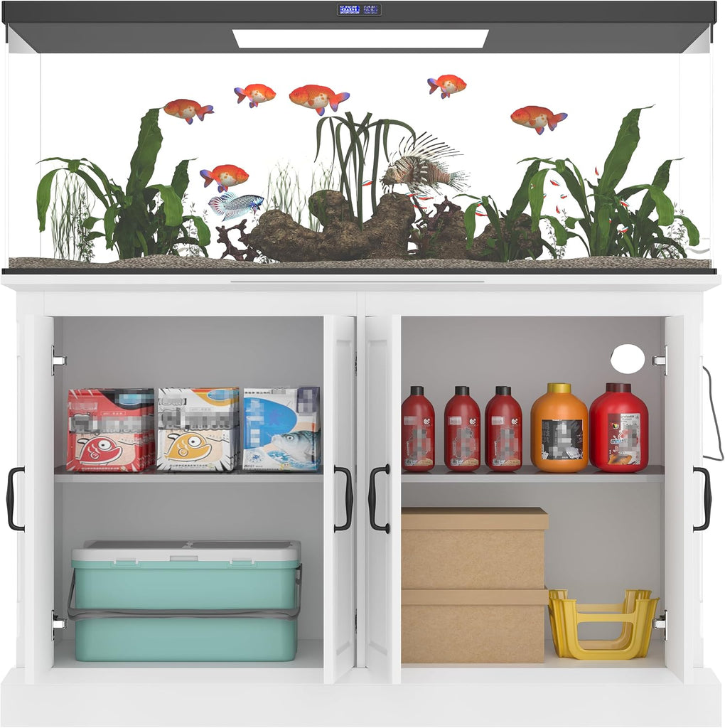 55-75 Gal Fish Tank Stand with Power Outlet and Storage Cabinets, White
