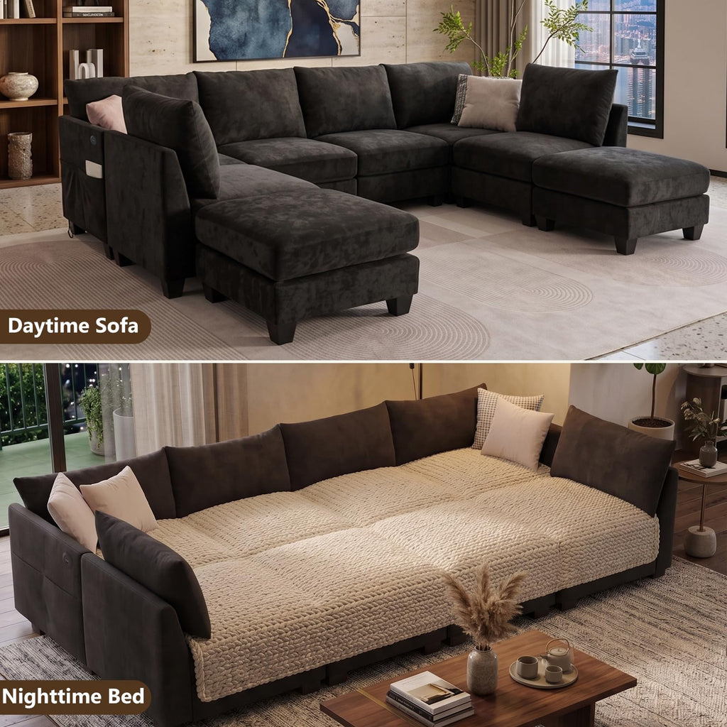 124" U-Shaped 8 Seater Sectional Couches with Storage Ottoman, Black