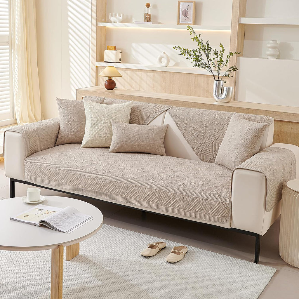 Boho Cotton Quilted Sofa Couch Cover Washable Soft Non Slip Sectional Couch Covers Floral Embroidery Sofa Slipcover