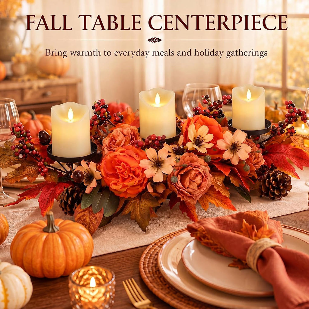 24" Fall Candle Holder Centerpiece, 3 Candles Holders