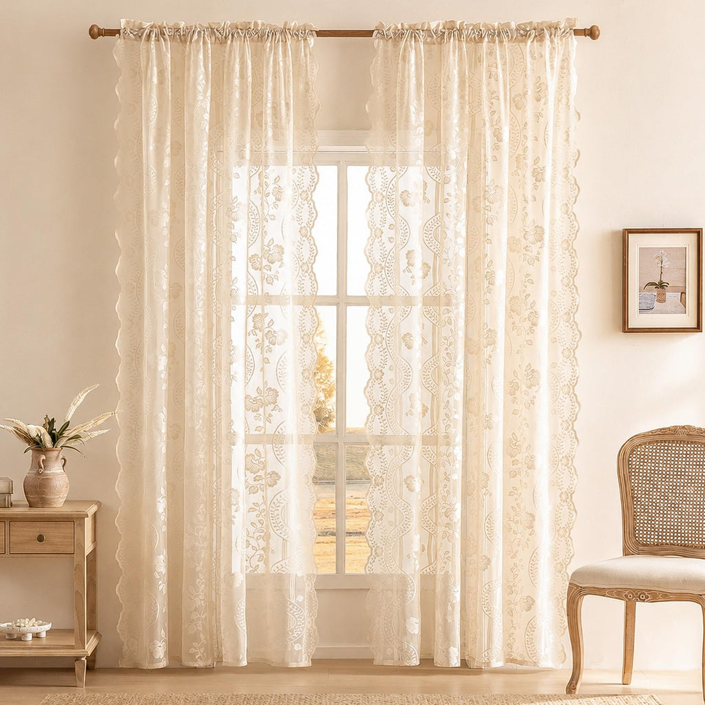 Beige Lace Curtains 84 Inches Long 2 Panels Vintage Floral Pattern