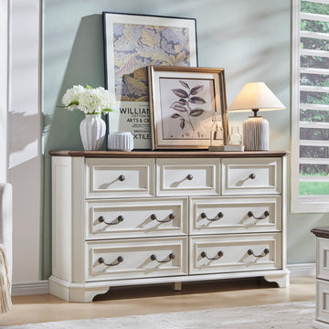 Farmhouse 7 Drawers Dresser, 54" Wide Wood Rustic Chest of Drawers with Natural Texture, Vintage Design, Storage