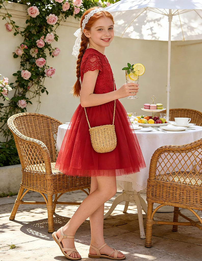 Flower Girl Dress Big Bow Kids Lace Tulle Princess Wedding Gown