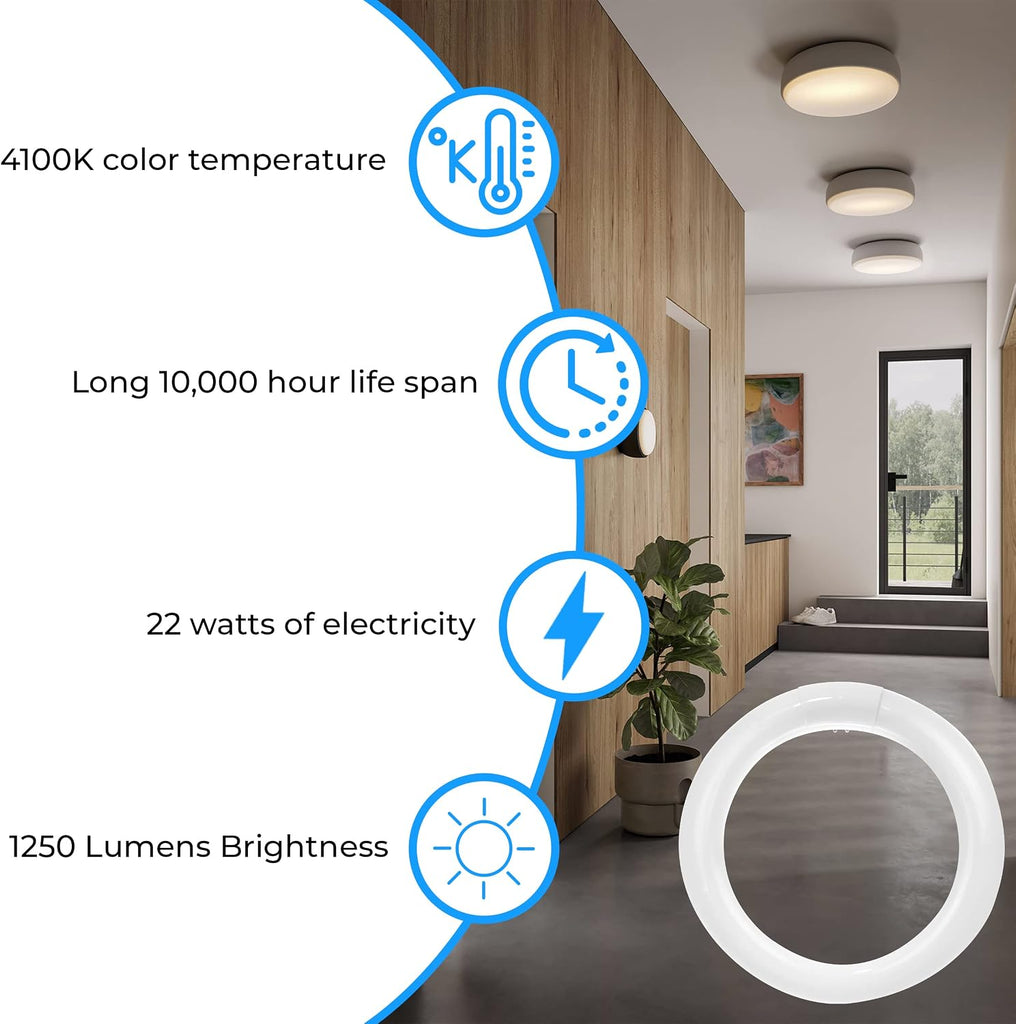 T9 Round Fluorescent Circline Lamp 22 Watts - G10Q 4-Pin Base - Ceiling Light Bulb with 4100K Cool White - 1250 Lumens