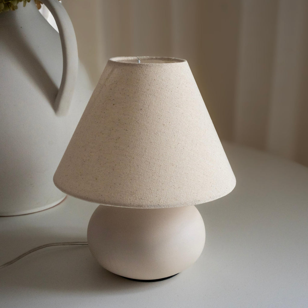 11" Small Table Lamp - Handmade Round Ceramic Cream Base with Off-White Fabric Shade, Dimmable Plug-in Nightstand or