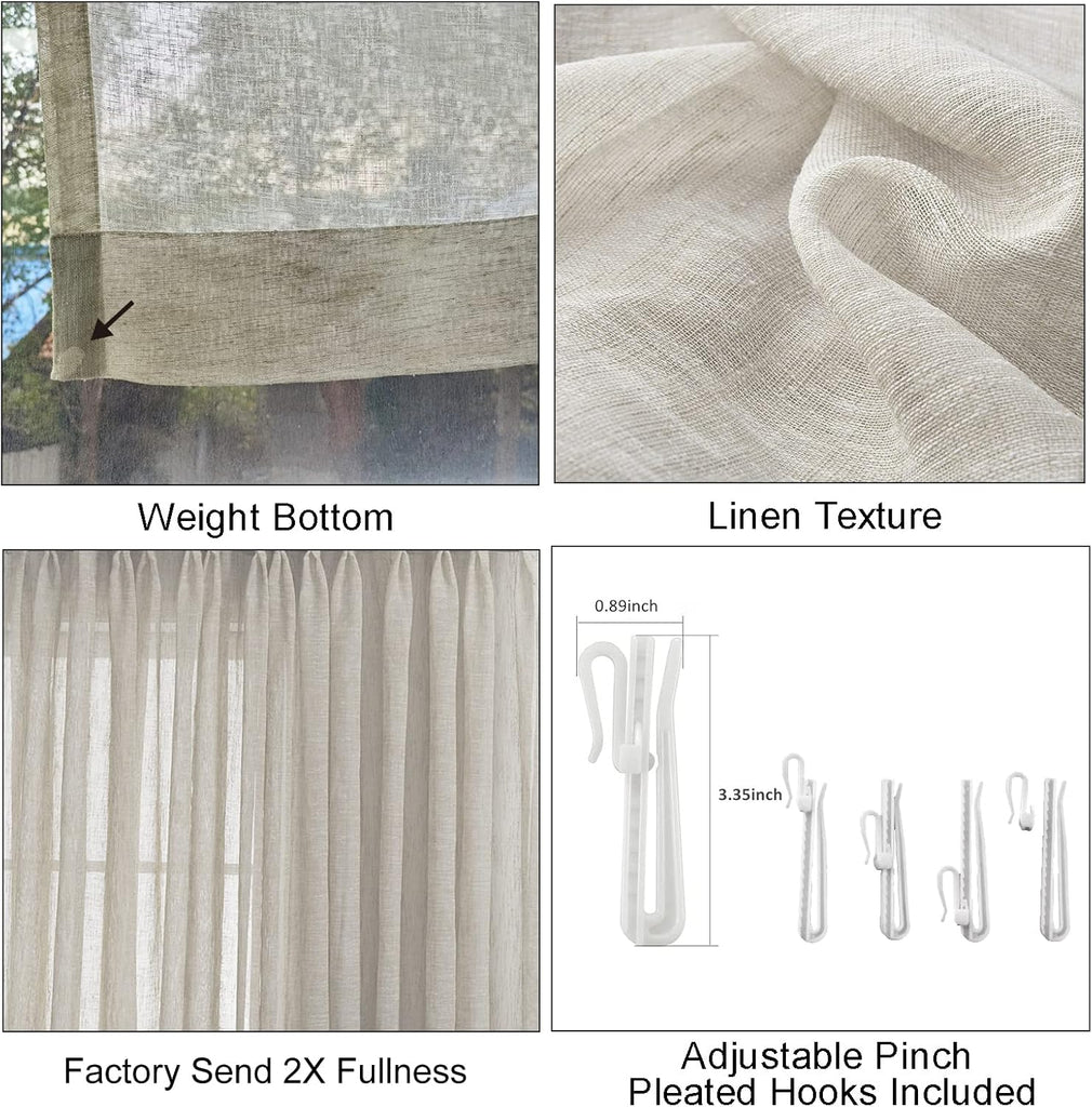 Sheer Curtains 96 inches Long, Faux Linen Double Pleated Window Sheer Curtains Panels Drapery for Home, Hotel, Office