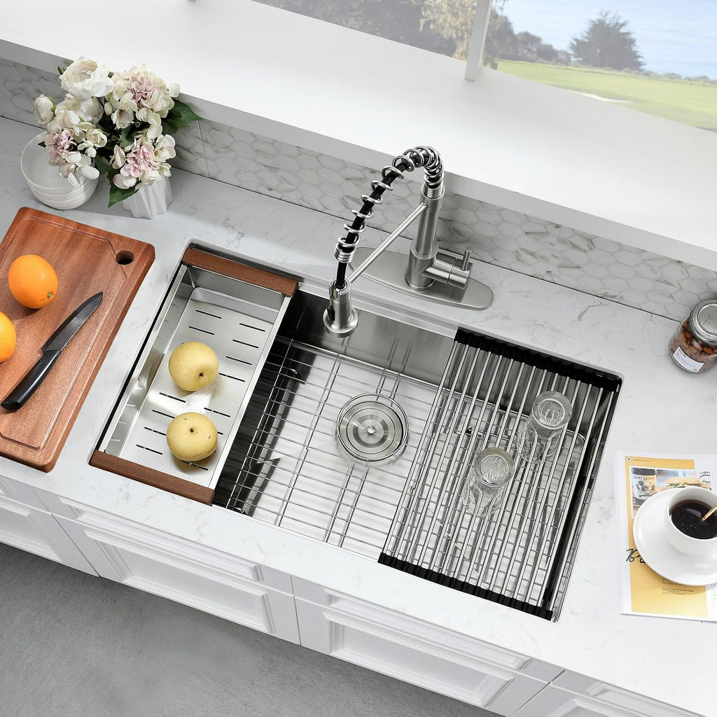 32 Inch Undermount Kitchen Sink Stainless Steel Single Bowl | 16 Gauge 304 Stainless Steel, Brushed Nickel, 10 Inch