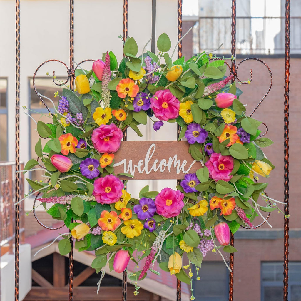 Spring Wreaths for Front Door Outside - 24 Inch Artificial Tulip & Wildflower Summer Wreath with Green Eucalyptus