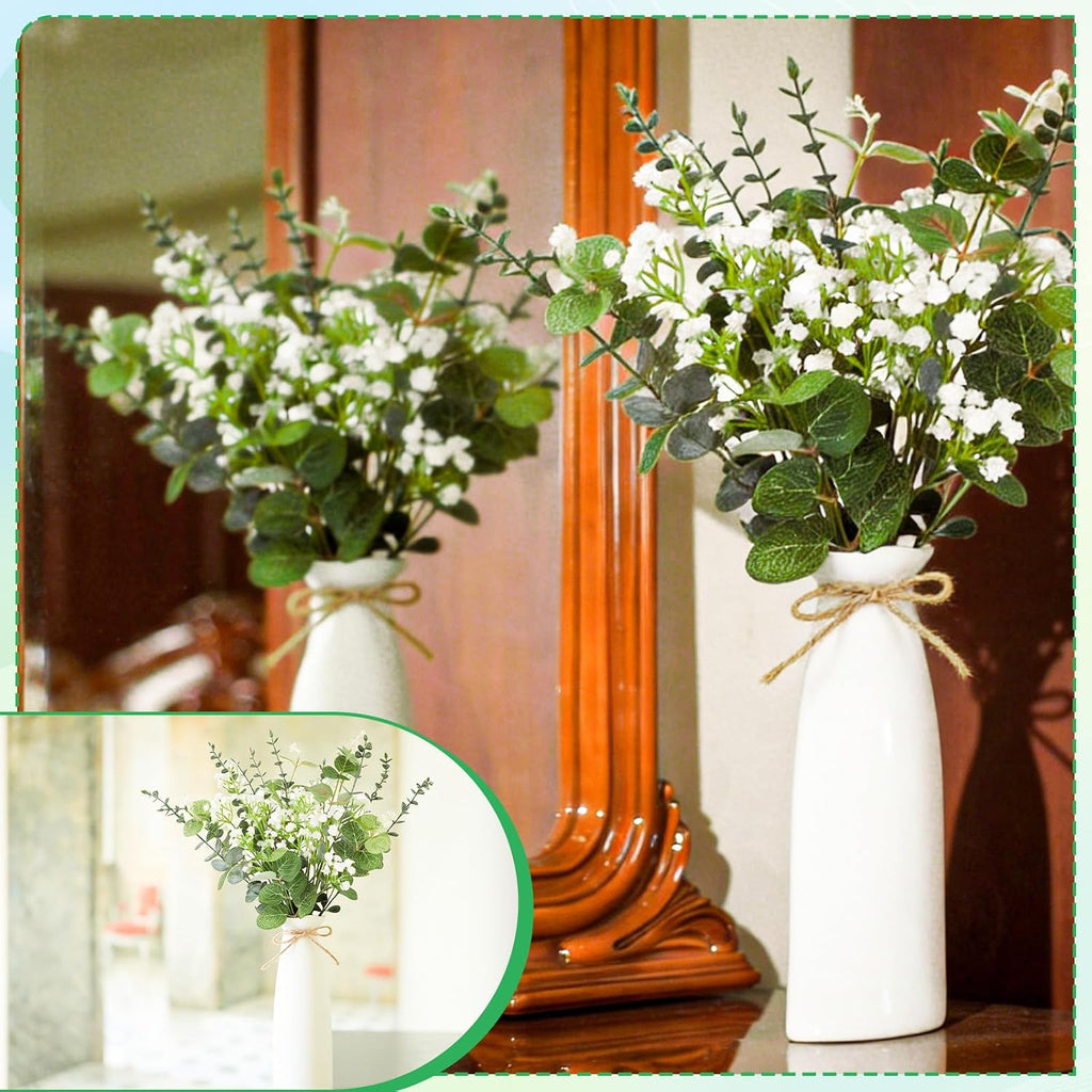 Artificial Flowers in Vase Set, Eucalyptus Stems and Baby's Breath Bundle - Set of 22