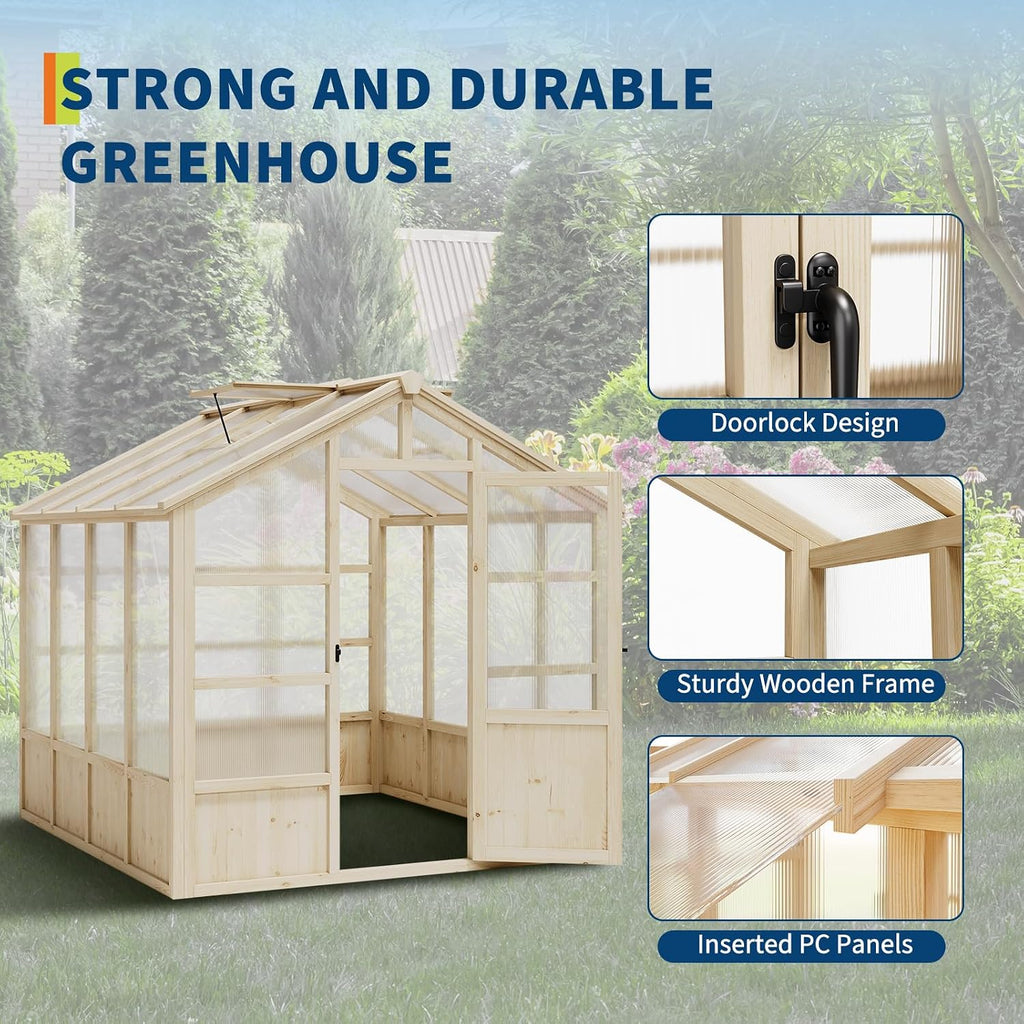 8x8FT Greenhouses for Outdoors, Wooden Greenhouse with Lockable Door, Wood Frame & Adjustable Vent, Polycarbonate