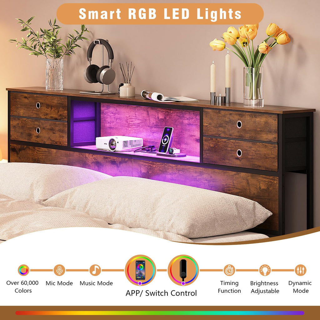 Headboard with 4 Fabric Storage Drawers Charging Station LED Light Adjustable Height Storage Rack Sturdy