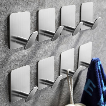 Towel Hooks s - 8 Pack Adhesive Wall Hooks for Hanging Robe Coat Stick on Hook No Damage SUS 304 Stainless Steel