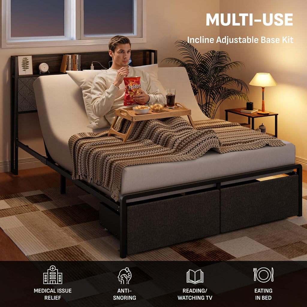 Queen Adjustable Bed Frame with Storage Headboard and Charging Station, Power Head Lift with 2 Footboard Drawers