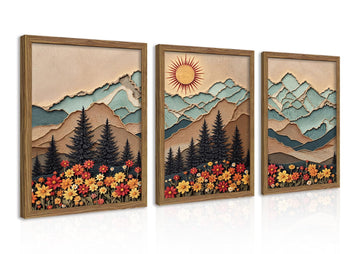 Vintage Boho Mountain Wall Art Set of 3 Framed, Retro Wildflower Nature Wall Decor Oil Painting, Abstract Layered