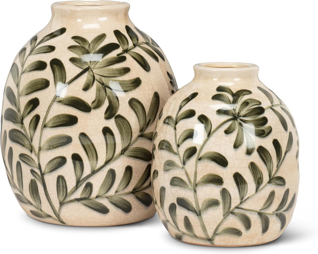 Collection Medium Frond Round Vase | Hand-Painted Botanical, Waterproof Glaze, For Fresh & Faux Florals, Stoneware
