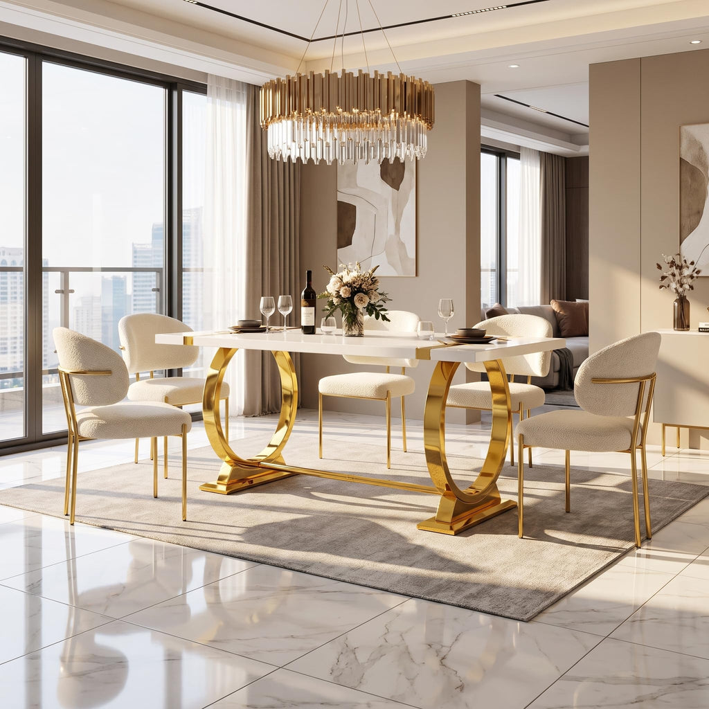 60" White and Gold Dining Table with Stainless Steel U-Base for 4-6