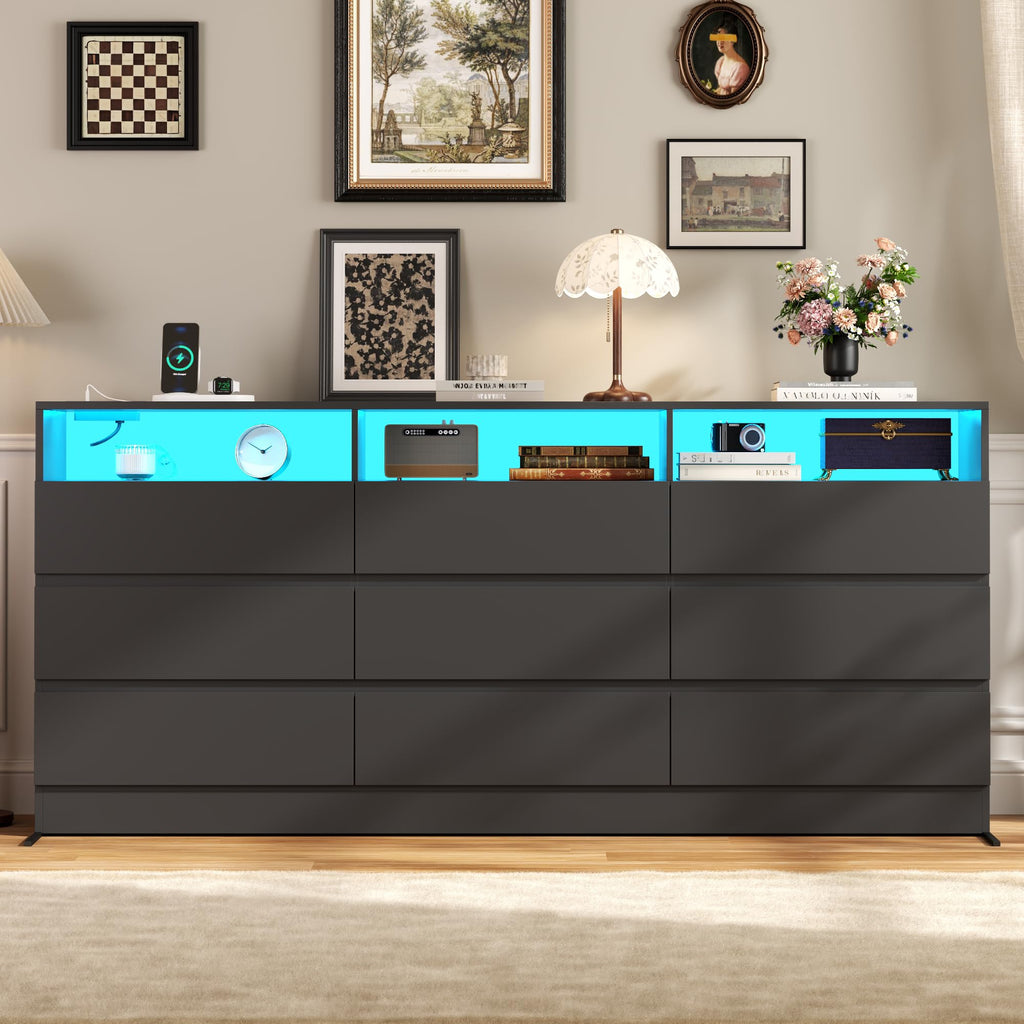 Drawer Dresser with Power Outlet, Black Dressers with LED Light, Dresser Chest of Drawers for Closet, Wood Dressers