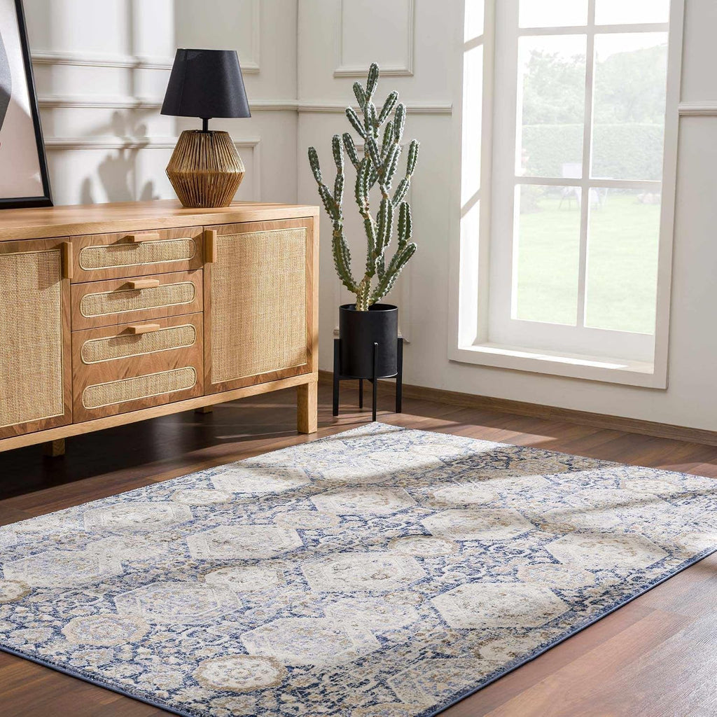 Kismet Boho Vintage Traditional Damask Area Rug - Farmhouse Traditional Floral Medallion Carpet - Beige, Blue, Gray