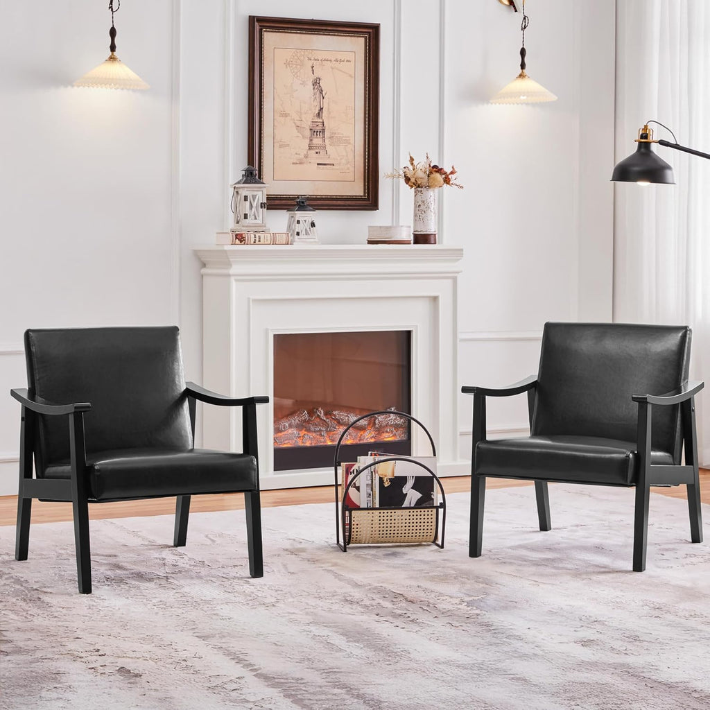Accent Chairs, Mid-Century Faux Leather Armchairs, Black - Set of 2