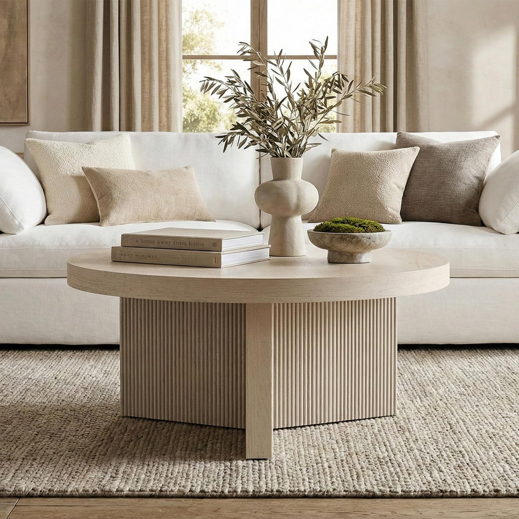 32" Scandinavian Fluted Coffee Table, Beech White