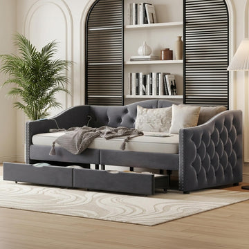 Daybed with Storage Drawers, Full Size Velvet Upholstered Sofa Bedframe w/USB Port, Button Tufted Backrest and