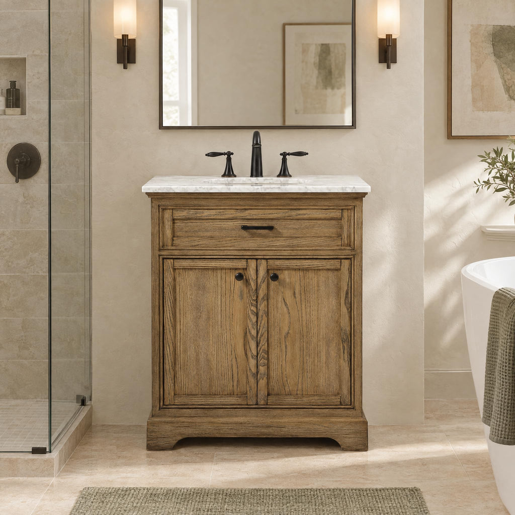 Comet 30" Pre-Assembled Bathroom Vanity with Sink, Solid Birch and MDF, Carrara White Marble Countertop Included