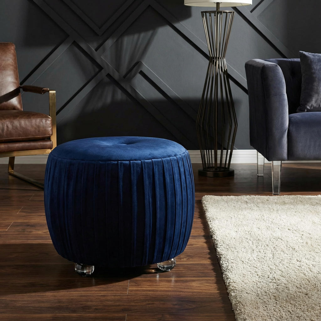 Doles Round Ottoman with Clear Acrylic Legs 16, High, Navy Blue Velvet