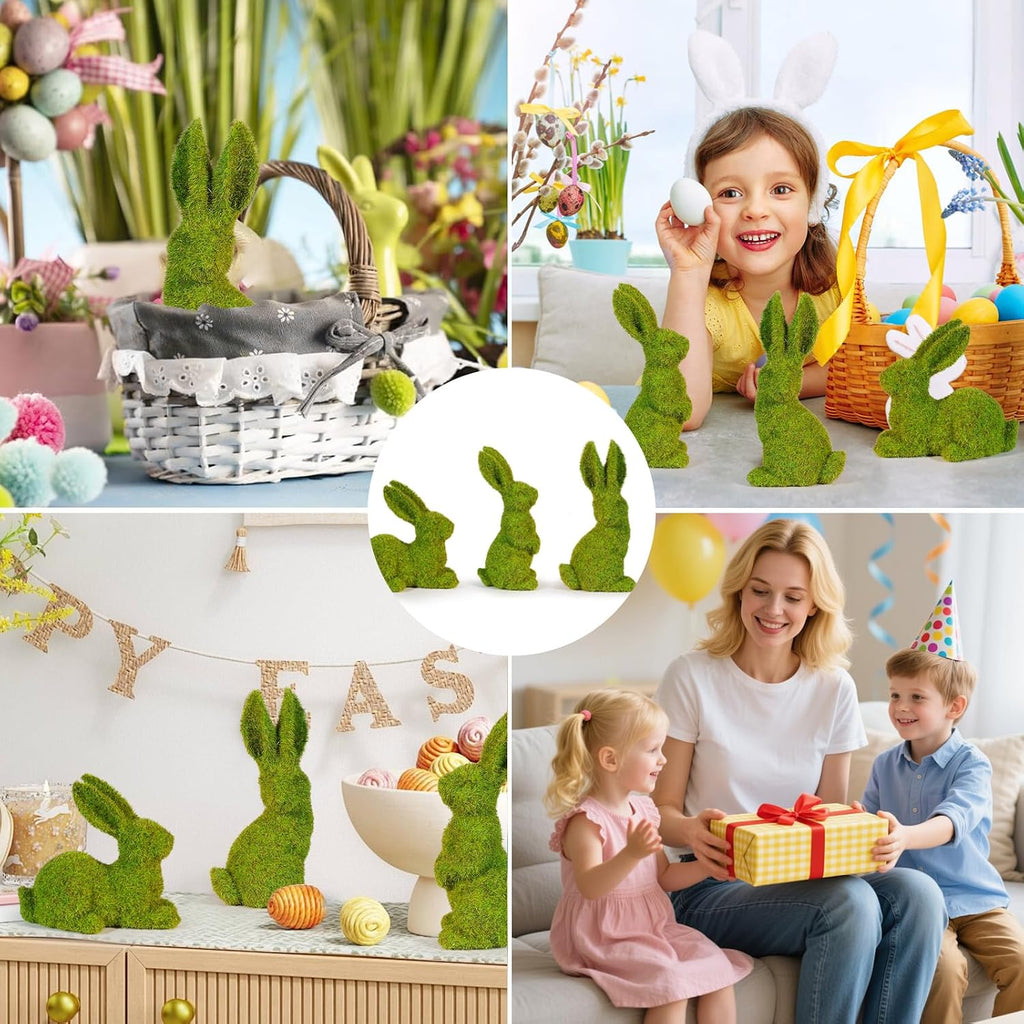 Easter Bunny Decorations,Resin Moss Bunny Figurine Features Larger Ears,Garden Artificial Moss Rabbit Easter Décor - Set of 3