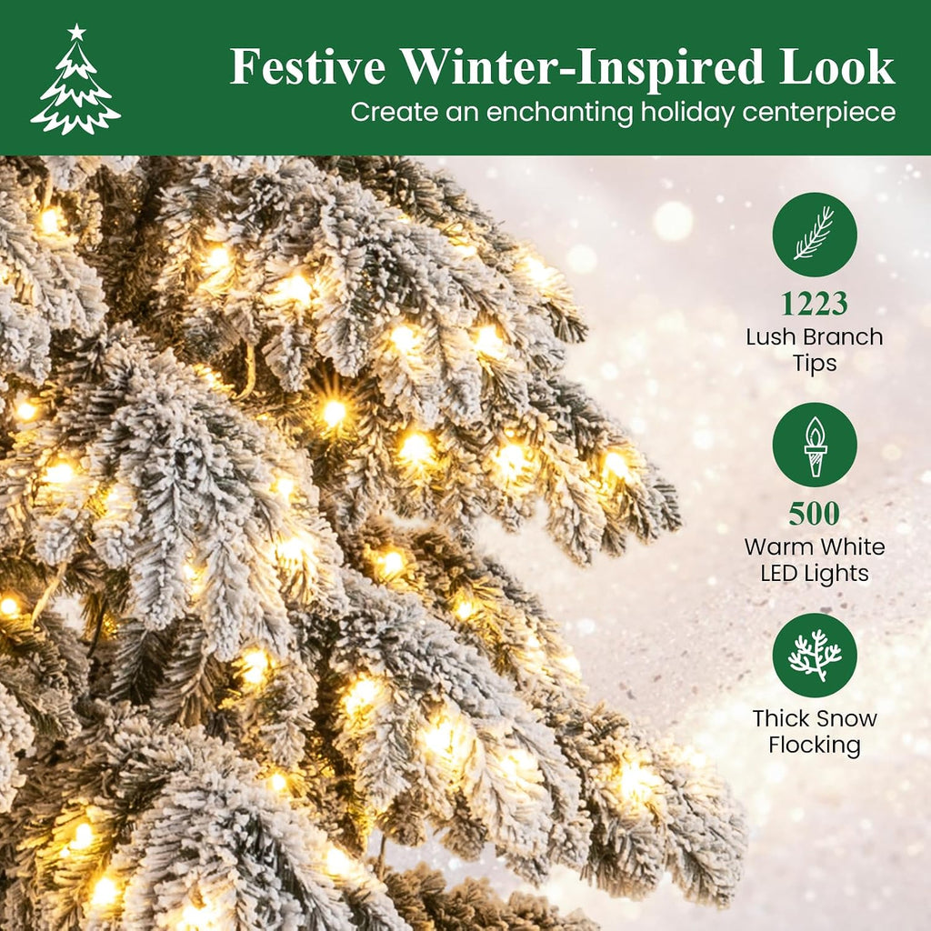 Pre-Lit Snow Flocked Drooping Christmas Tree, Artificial Hinged Xmas Tree with Quick Power Connectors, 1223