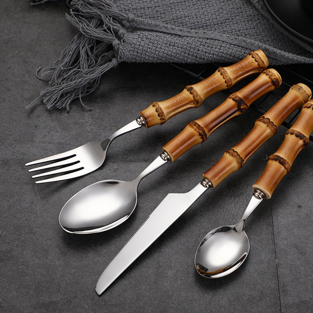 Bamboo Silverware Set for 6, 30 Piece 18/8 Stainless Steel Cutlery Set, Natural Bamboo Handle Cutlery Sets, Household