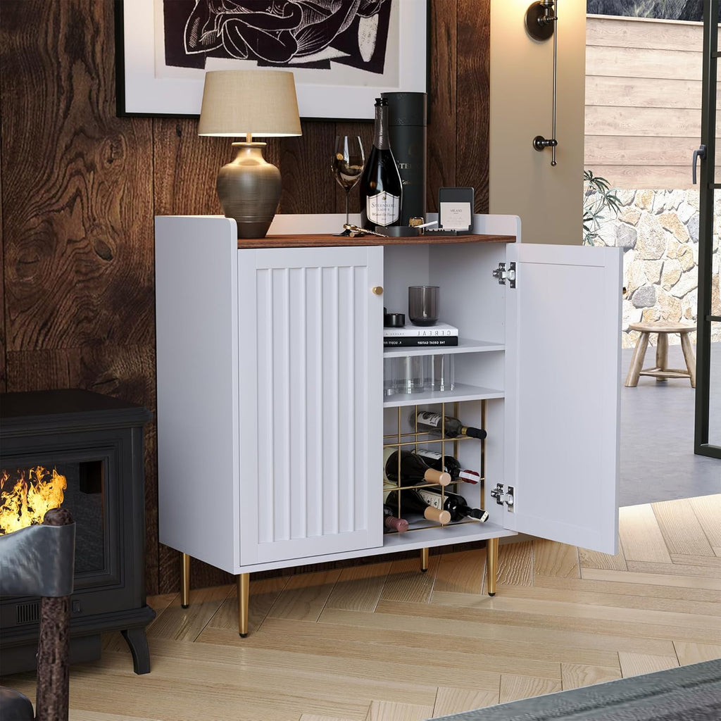Modern 32 inch Wide Coffee Bar Cabinet with Wine Storage, Liquor Cabinet with Glass Holder & Grid Rack, Fluted