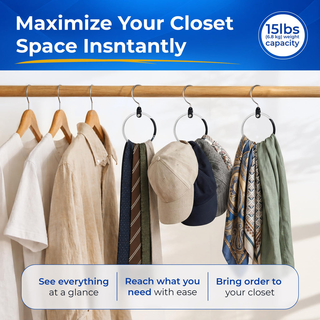 Rotating Closet Organizer, Aluminum Ring Accessory Hanger with 360° Swivel Hook & Spring Latch, Space Saving Holder