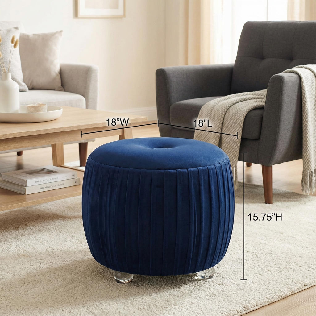 Doles Round Ottoman with Clear Acrylic Legs 16, High, Navy Blue Velvet