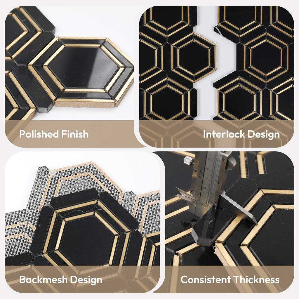 Natural Black Marble 3 Inch Hexagon Mosaic Tile, Polished, 5 Sheets