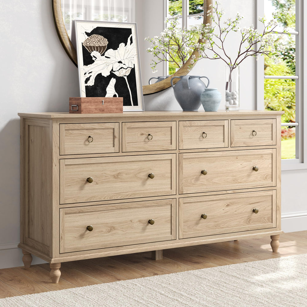 65inch Large Long Drawer Dresser w/Deep Drawers, Rustic Wood 8 Drawer Dresser with Large Capacity, Wooden Chest of
