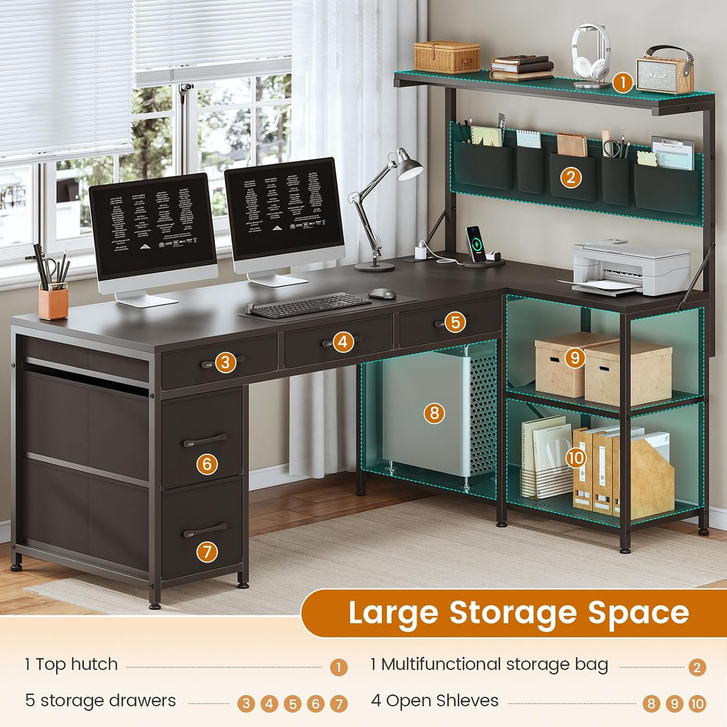 L Shaped Gaming Desk, 47.2" Reversible Small Computer Desk with 5 Drawers and Storage Shelves, Corner Gaming Desk