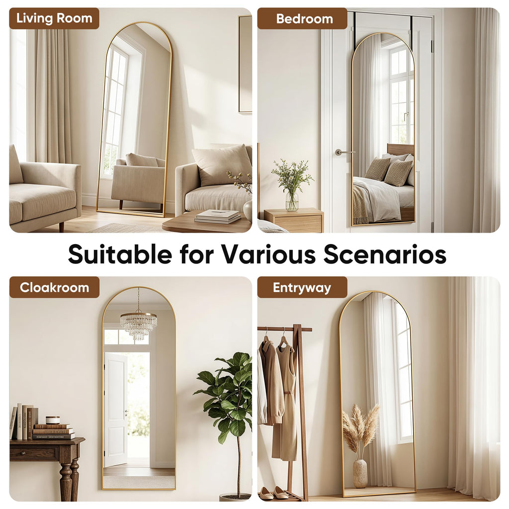 58"x20" Over The Door Mirror, Arched Full Length Mirror, Gold