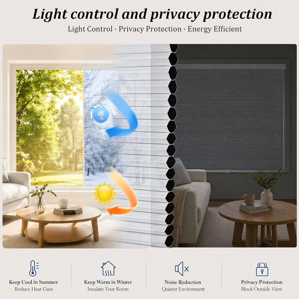 No Tools No Drill Cordless Blackout Cellular Shades White, | Blackout Fabric, Energy-Efficient Honeycomb Design